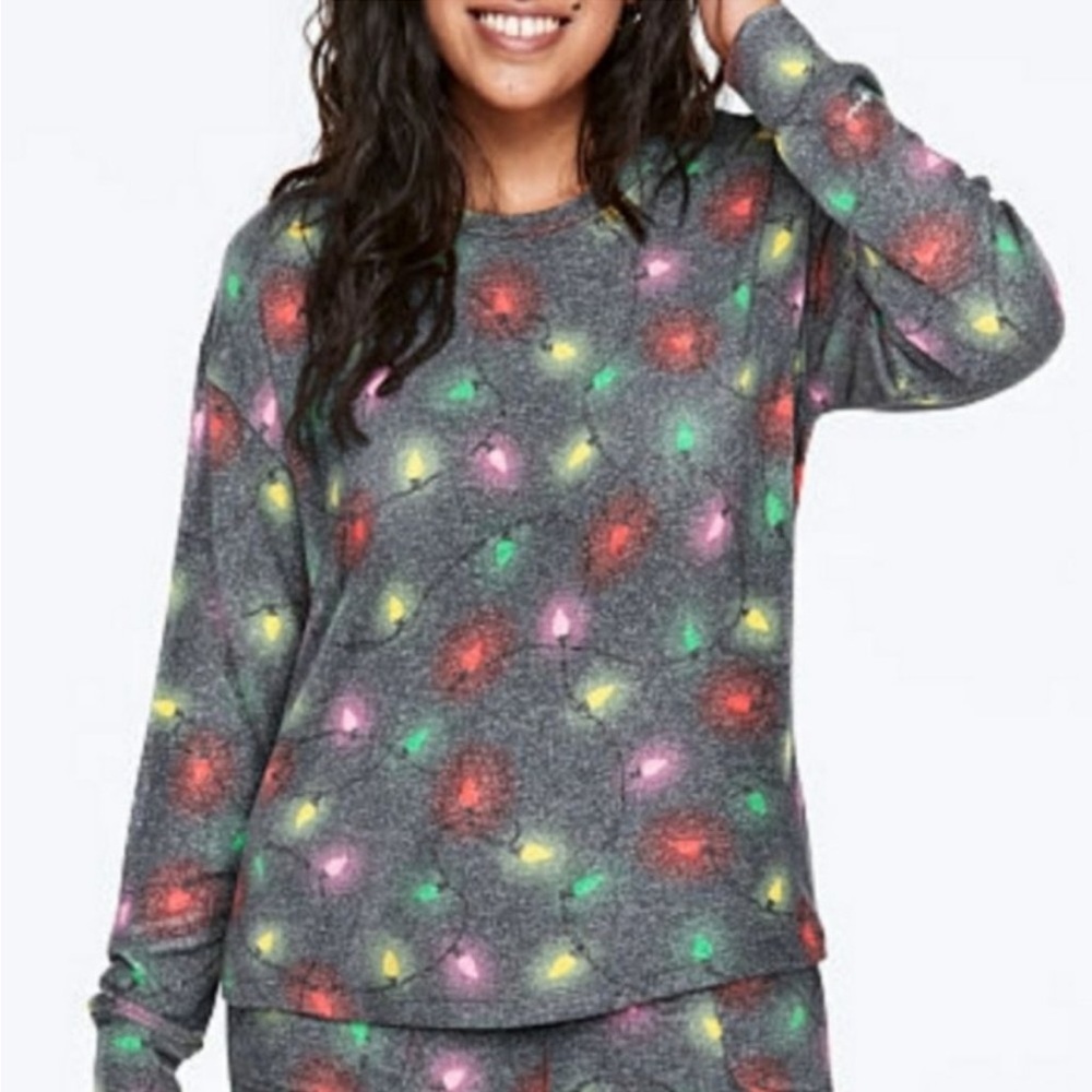 Pink Cozy Long Sleeve Sleep Top in Rich Grey Holiday Lights NWT sz XL